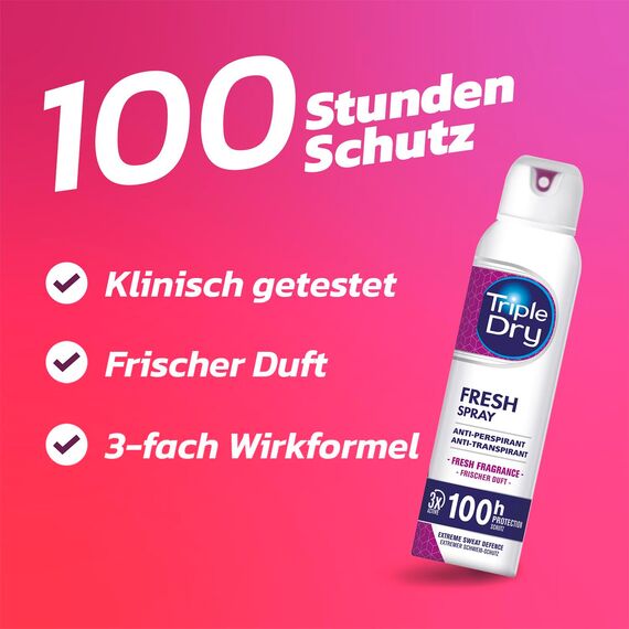 Triple Dry Anti-Transpirant Spray Fresh| Deo-Spray gegen starkes Schwitzen | Antibakterielles Deodorant für 100h Schutz | Frisch duftendes Antiperspirant | 150ml (Packung mit 4)