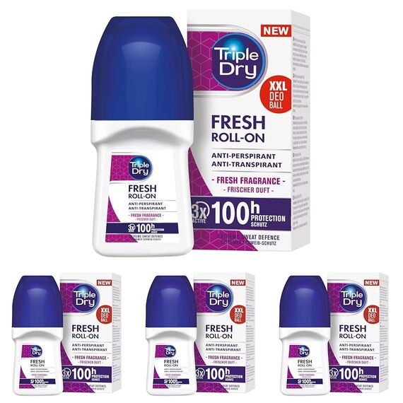 Triple Dry Anti-Transpirant Roll-On Fresh | Deoroller gegen starkes Schwitzen | Antibakterielles Deodorant für 100h Schutz | Frisch duftendes Antiperspirant | 50ml (Packung mit 4)