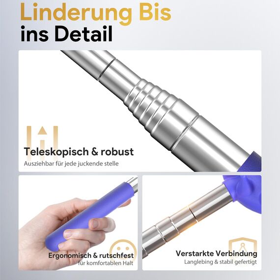 Rückenkratzer Ausziehbarer mit 5 abnehmbaren Kratzköpfen, Verstärktem Griff aus Edelstahl, im Geschenkset – ideal für Männer, Väter und Frauen (Hellblau)