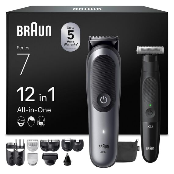 Braun Bundle mit All-in-One Series 7, 12-in-1 Multigroom Kopf und Körper, 120 Min Akku, 14 Längen (3–21 mm), Wasserdicht, AIO7545, Grau + Series XT3 Gesicht & Körper, Wasserdicht, XT3200, Schwarz