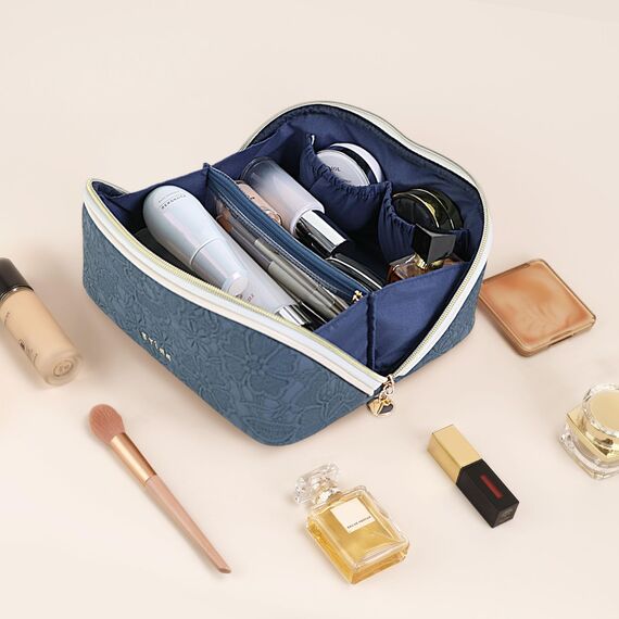 Prite Große Kapazität Kosmetiktasche Tragbare Reise Make Up Tasche wasserdichte PU-Leder Schminktasche oder Kulturbeutel mit Transparente Trenner und Griff (Blaue Blume L)