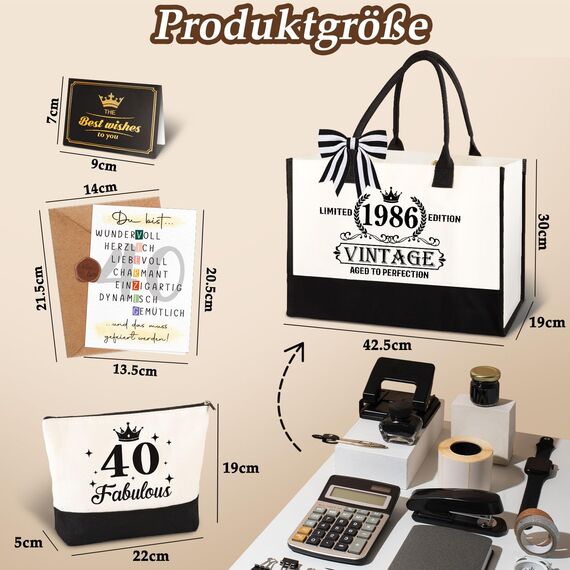 Giftota 40. Geburtstag Geschenk Frau – Vintage 1986 Canvas Einkaufstasche Tragetasche & Kosmetiktasche Set mit Grußkarte – 40. Geburtstagsgeschenk für Mama, Freundin, Kollegin oder Schwester