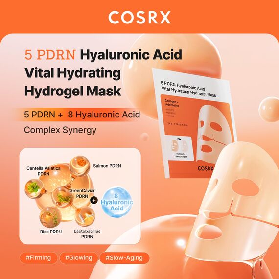 COSRX 5 PDRN Hyalruronic Acid Vital Hydrating Hydrogel Mask 3 Stück für das Gesicht mit 5% PDRN und 8-facher Hyaluronsäure, koreanische Gesichtsmaske für gläserne Haut, Korean Skincare