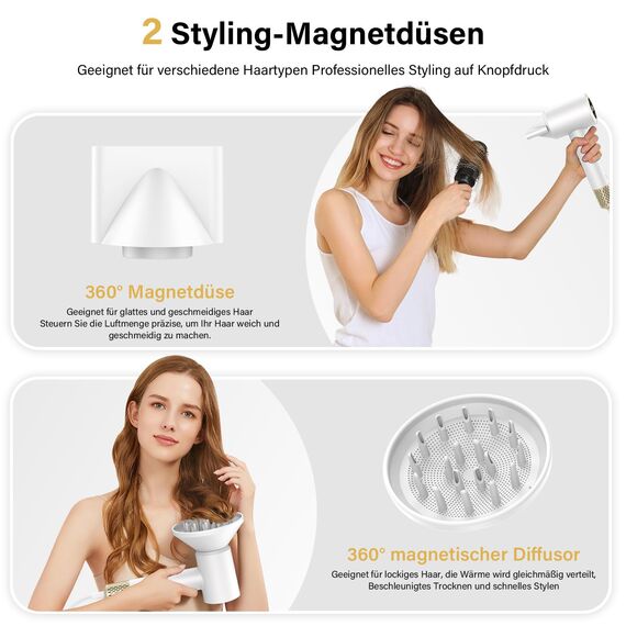 Föhn mit Diffusor, Haartrockner, 400 Millionen Plasma Ionen Fön, 110000 U/min Bürstenloser Motor Schnelles Trocknen Haarföhn, 57dB Geräuscharm Hair Dryer, Haarfön für Reise, Zuhause (Weiß)