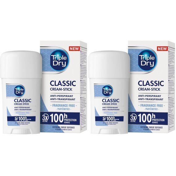 Triple Dry Anti-Transpirant Creme Stick | Stick gegen starkes Schwitzen | 100h Schutz | 45ml (Packung mit 2)