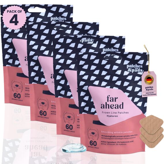 Patches & Pads Zornesfalte Pflaster aus Baumwolle mit Hyaluron 60 Stück 4er-Pack - Extra stark haftend - Zornesfalte glätten, Anti Falten Pflaster, Gesichtstape gegen Falten - Dermatologisch getestet