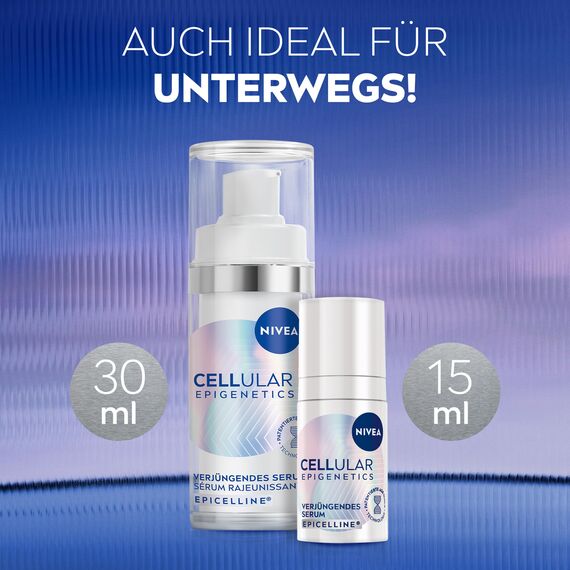NIVEA CELLULAR Epigenetics Verjüngendes Serum Gesichtspflege Set, setzt das Hautalter in 2 Wochen zurück, mit EPICELLINE und Hyaluronsäure, Originalgröße (30 ml) & Probiergröße (15 ml)