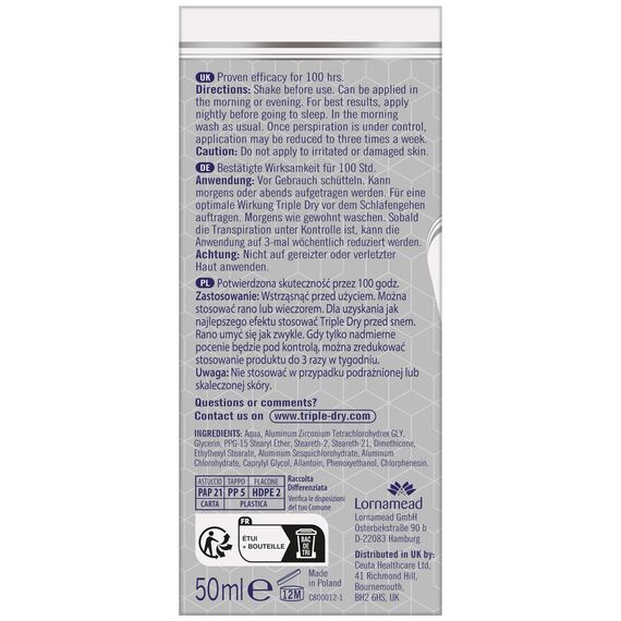 Triple Dry Anti-Transpirant Roll-On Men | Deoroller gegen starkes Schwitzen | Antibakterielles Deodorant für 100 h Schutz | Belebender Duft | For Men | 50ml (Packung mit 4)