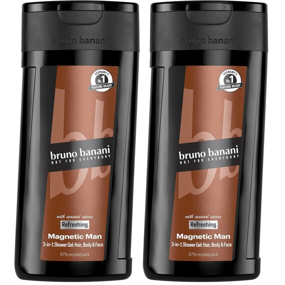 bruno banani Magnetic Man Shower Gel, 3-in-1-Duschgel mit fesselnd-holziger Ambernote, 250ml (Packung mit 2)