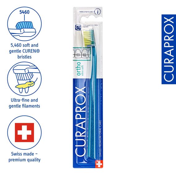 Curaprox CS 5460 Kieferorthopädische Zahnbürste - Zahnspangenpflege für Erwachsene/sanfte Plaqueentfernung/Blau-Grün | Einzelpackung/Hergestellt in der Schweiz