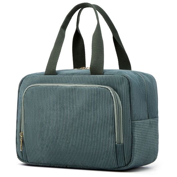 Funtlend Damen Kosmetiktasche Größe (7,8L) - Groß Cord Kulturtasche mit Tragegriff für Makeup,Toilettenartikel,Alltag & Reise(Grün,M)