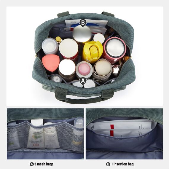 Funtlend Damen Kosmetiktasche Größe (7,8L) - Groß Cord Kulturtasche mit Tragegriff für Makeup,Toilettenartikel,Alltag & Reise(Grün,M)