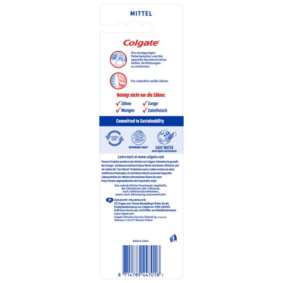 Colgate Zahnbürste Max White, mittel, 2 Stück - Handzahnbürste für natürlich weiße Zähne, mit mittelharten Borsten (Packung mit 5)