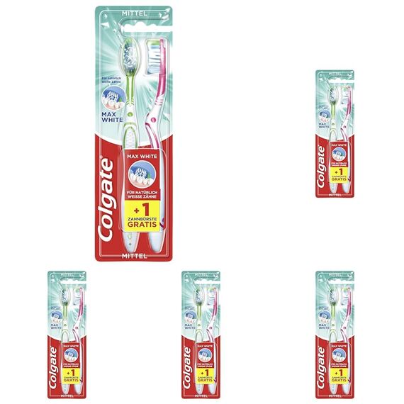 Colgate Zahnbürste Max White, mittel, 2 Stück - Handzahnbürste für natürlich weiße Zähne, mit mittelharten Borsten (Packung mit 5)