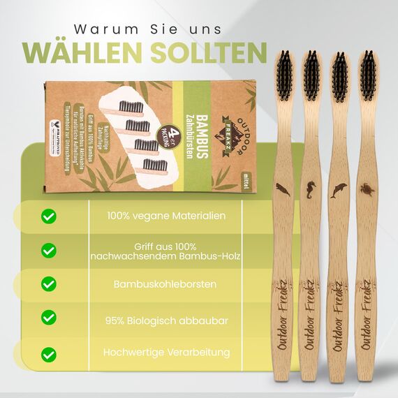 4er Pack Bambus Zahnbürste mit reinem Bambus-Holz ✮ vegan ✮ biologisch abbaubar ✮ 100% frei von BPA ✮ Borsten mit Bambusholzkohle für beste Sauberkeit (natur, 4er Packung Erwachsene)