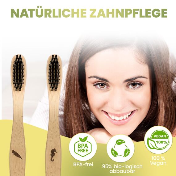 4er Pack Bambus Zahnbürste mit reinem Bambus-Holz ✮ vegan ✮ biologisch abbaubar ✮ 100% frei von BPA ✮ Borsten mit Bambusholzkohle für beste Sauberkeit (natur, 4er Packung Erwachsene)