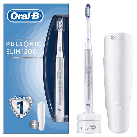 Braun Oral-B Pulsonic Slim 1200 elektrische Schallzahnbürste, mit Timer, 1 Aufsteckbürste und Reise-Etui, silber