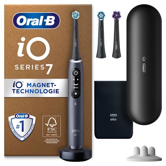 Oral-B iO Series 7 Plus Edition Elektrische Zahnbürste/Electric Toothbrush, Inkl. 3 Aufsteckbürsten, 5 Putzmodi für Zahnpflege, Reiseetui, Designed by Braun, Schwarz