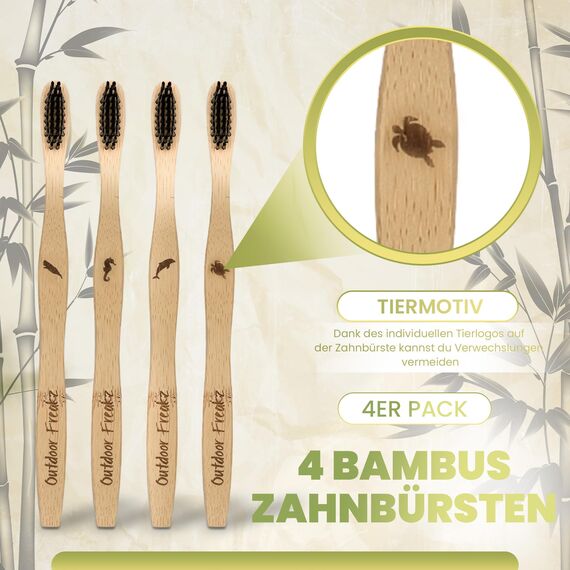 4er Pack Bambus Zahnbürste mit reinem Bambus-Holz ✮ vegan ✮ biologisch abbaubar ✮ 100% frei von BPA ✮ Borsten mit Bambusholzkohle für beste Sauberkeit (natur, 4er Packung Erwachsene)