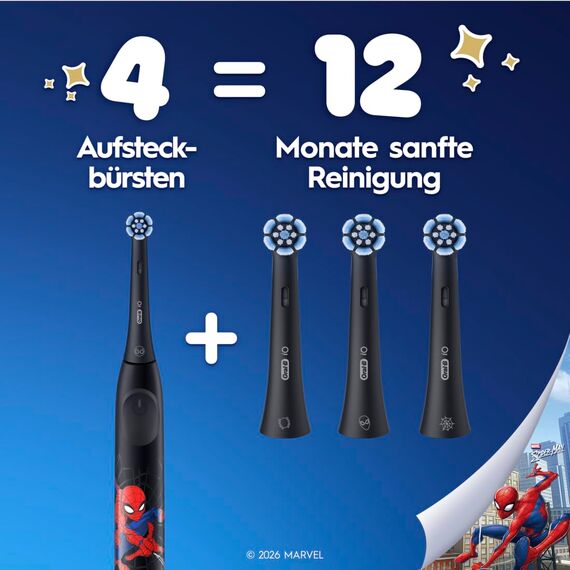 Oral-B iO Kids 6+ Marvel Spiderman Aufsteckbürsten — ORIGINAL Zahnbürstenaufsatz für Oral-B iO Kids Elektrische Zahnbürsten Kinder, Sanft zu Zähnen und Zahnfleisch, ab 6 Jahren — Schwarz, 2 Stück