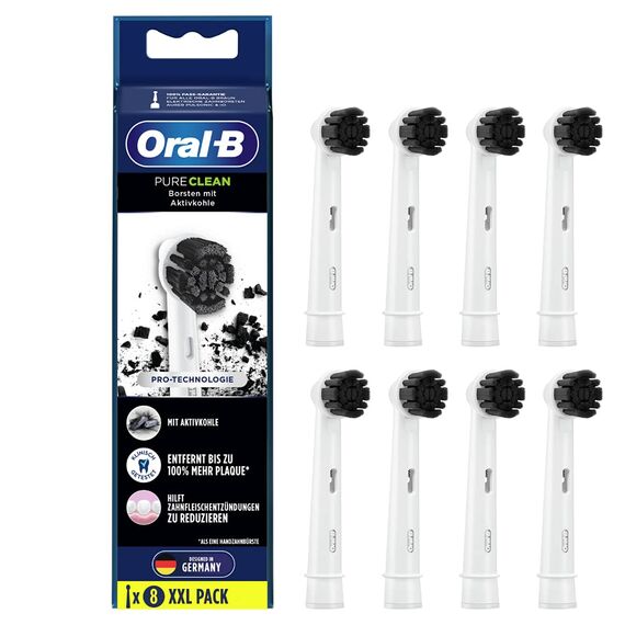 Oral-B Pure Clean Aufsteckbürsten für elektrische Zahnbürste, 8 Stück, mit Aktivkohle-Borsten, Zahnbürstenaufsatz für Oral-B Zahnbürsten