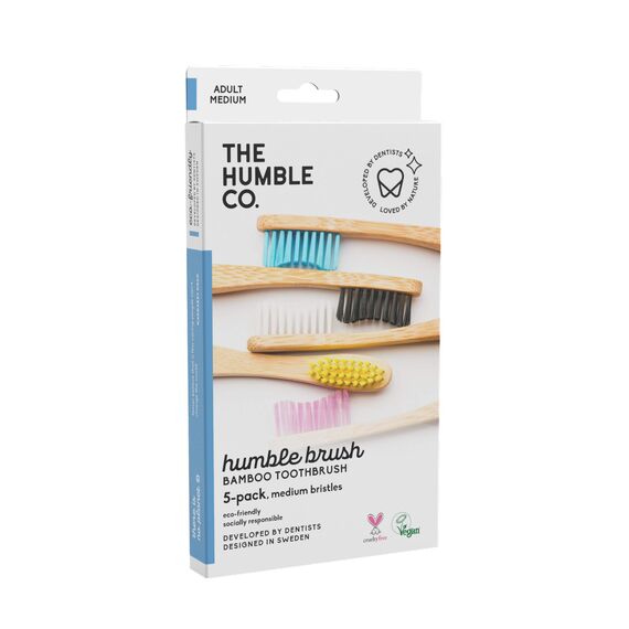 The Humble Co. Bambus-Zahnbürsten (5er-Pack) medium borsten - Zahnbürsten für professionelle Mundpflege, Zahngesundheit und Zahnfleischpflege, BPA-frei