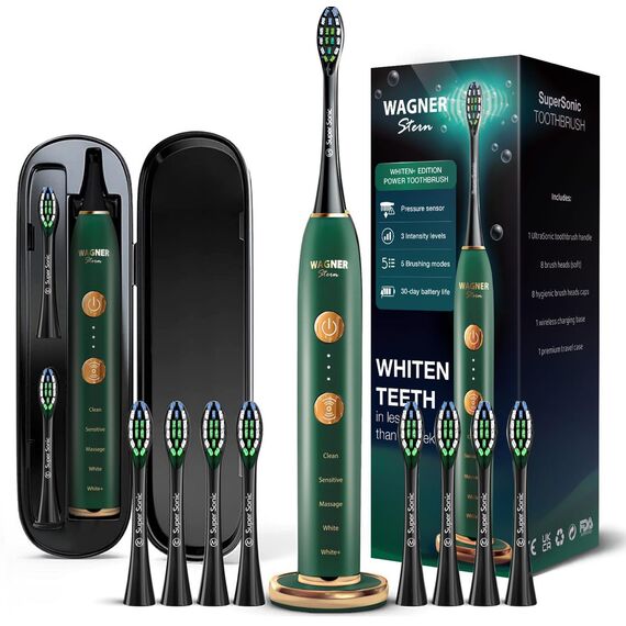 Wagner Stern WHITEN+ Edition. Intelligente elektrische Zahnbürste mit Drucksensor. 5 Putzmodi und 3 Intensitätsstufen, 8 weiche Bürstenköpfe, hochwertiges Reiseetui.