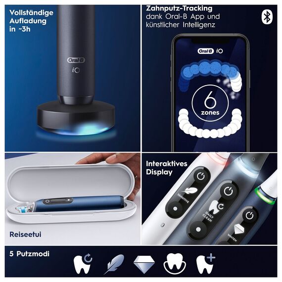 Oral-B iO Series 7 Elektrische Zahnbürste/Electric Toothbrush, 2 Aufsteckbürsten, 5 Putzmodi für Zahnpflege, Valentinstagsgeschenk für Ihn/Sie, Display & Reiseetui, Designed by Braun, sapphire blue