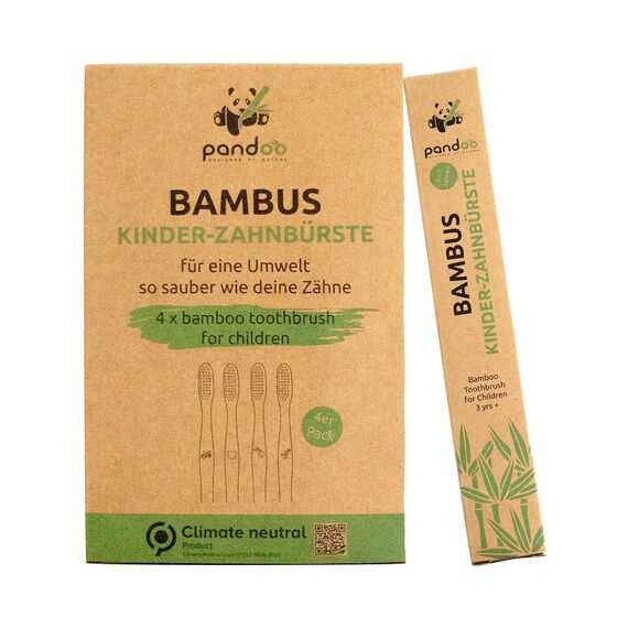 pandoo 4er Set Bambus Zahnbürste | vegan | BPA frei | Speziell für Kinder | Bio & Holzfrei | Bamboo Toothbrush