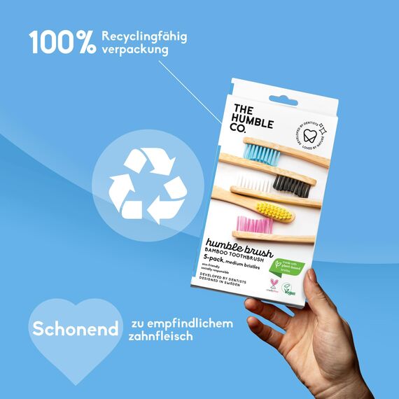 The Humble Co. Bambus-Zahnbürsten (5er-Pack) medium borsten - Zahnbürsten für professionelle Mundpflege, Zahngesundheit und Zahnfleischpflege, BPA-frei