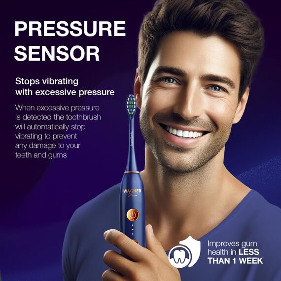 Wagner Stern WHITEN+ Edition. Intelligente elektrische Zahnbürste mit Drucksensor. 5 Putzmodi und 3 Intensitätsstufen, 8 weiche Bürstenköpfe, hochwertiges Reiseetui.