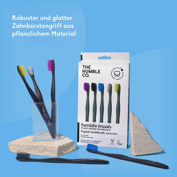 The Humble Co. Zahnbürste auf Pflanzenbasis, 5 Stück, empfindliche Borsten, umweltfreundlich, vegan für die tägliche Mundpflege, von Zahnärzten Empfohlen, 5 Farben