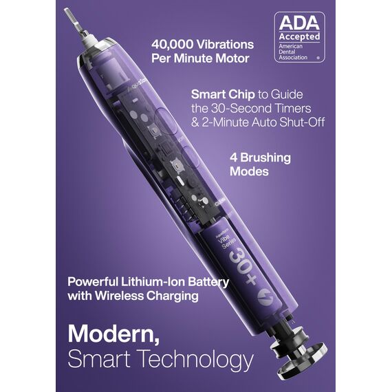 Aquasonic Vibe Series Ultra-Whitening Zahnbürste, ADA-akzeptierte elektrische Zahnbürste, 8 Bürstenköpfe und Reiseetui, 40.000 VPM-Motor und kabelloses Laden, 4 Modi mit intelligentem Timer,