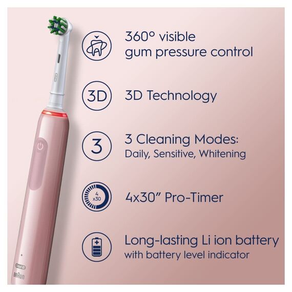 Oral-B Pro 3 3500 Elektrische Zahnbürste, 1 Handstück mit sichtbarem Drucksensor, 1 Aufsteckbürste, 1 Reiseetui, entworfen von Braun, 2-poliger UK-Netzstecker, Pink