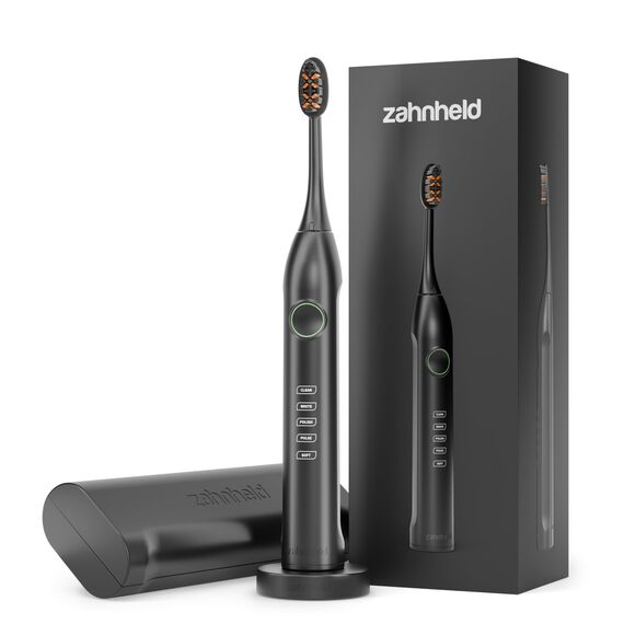 Zahnheld® Elektrische Schallzahnbürste GERO G3 mit Reiseetui und Bürstenkopf | Für eine täglich effektive Zahnreinigung | Lange Akkulaufzeit | 5 Putzmodi | schwarz