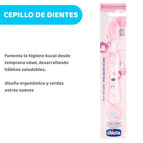 Chicco Kinder Zahnbürste mit geformtem und abgerundetem Kopf, Baby Zahnbürste mit superweichen Borsten, sanft zu Zahnfleisch und Zähnen, inkl. Schutzhülle, Geschenk für Neugeborene 6-36 Monate, Pink, 1 Stück (1er Pack)