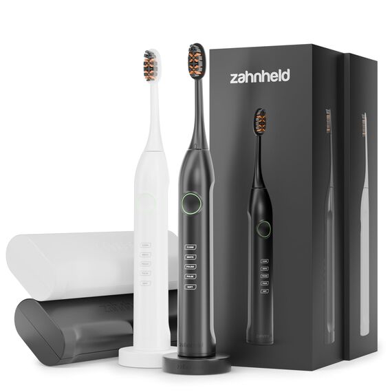 ZAHNHELD® Doppelpack, 2x elektrische Schallzahnbürsten GERO G3, inkl. 2x Bürstenköpfe & 2x Reiseetuis | Für eine sanfte & effektive Reinigung