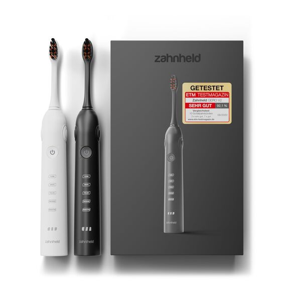 Zanheld® Doppelpack, 2x elektrische Schallzahnbürsten GERO G2 | Bewährte Qualität mit Bürstenkopf & Etui | schwarz-weiß