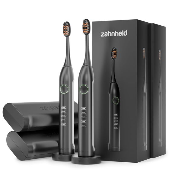 ZAHNHELD® Doppelpack, 2x elektrische Schallzahnbürsten GERO G3, inkl. 2x Bürstenköpfe & 2x Reiseetuis | Für eine sanfte & effektive Reinigung