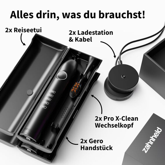 ZAHNHELD® Doppelpack, 2x elektrische Schallzahnbürsten GERO G3, inkl. 2x Bürstenköpfe & 2x Reiseetuis | Für eine sanfte & effektive Reinigung