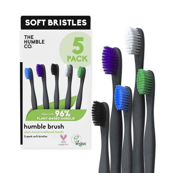 The Humble Co. Schwarze Zahnbürste auf Pflanzenbasis (5 Stück) veganes, weiches Zahnbürsten-Set mit BPA-freien Borsten, beste Zahnbürste für überlegene Mundpflege und hervorragende Zahnreinigung (5
