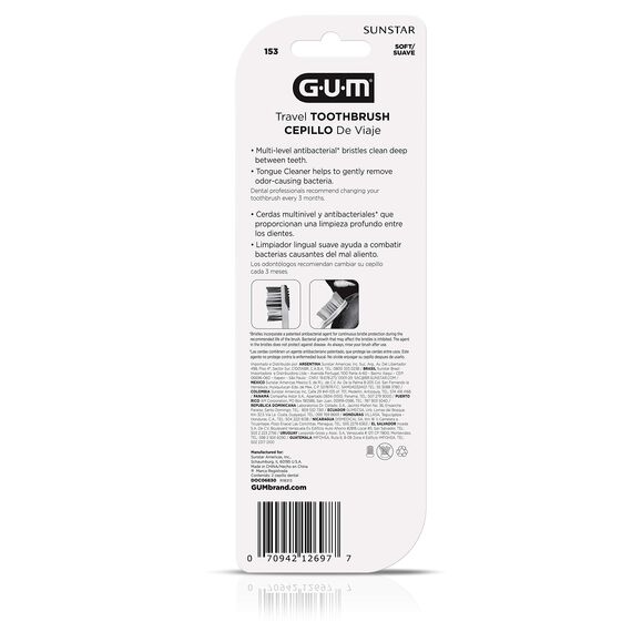 GUM Reise-Zahnbürste mit antibakteriellen Borsten und klappbarem Griff, weiche Borsten, 2 Stück (6 Stück)