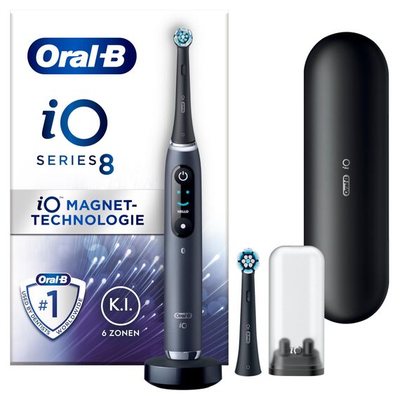 Oral-B iO Series 8 Elektrische Zahnbürste/Electric Toothbrush, 2 Aufsteckbürsten, 6 Putzmodi für Zahnpflege, Valentinstagsgeschenk für Ihn/Sie, Farbdisplay & Reiseetui, Designed by Braun, black onyx