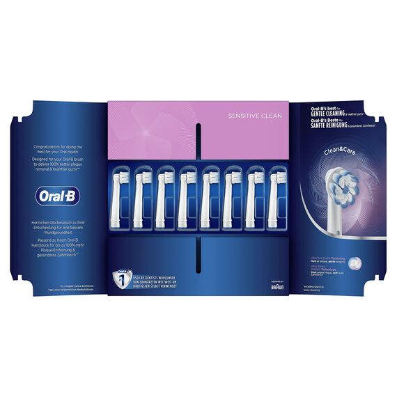 Oral-B Sensitive Clean Aufsteckbürsten für elektrische Zahnbürste, 8 Stück, sanfte Zahnreinigung, ultra-dünne Borsten, Zahnbürstenaufsatz für Oral-B Zahnbürsten, briefkastenfähige Verpackung