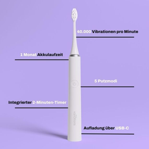 My Variations - Elektrische Schallzahnbürste – wiederaufladbar – 1 Monat Akku – 5 Putzmodi – integrierter 2-Minuten-Timer – 1 Griff und 1 Bürste (weiß)