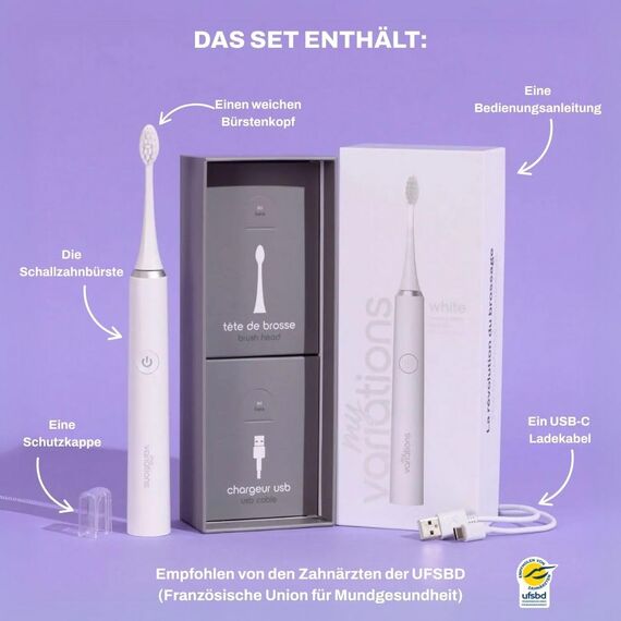 My Variations - Elektrische Schallzahnbürste – wiederaufladbar – 1 Monat Akku – 5 Putzmodi – integrierter 2-Minuten-Timer – 1 Griff und 1 Bürste (weiß)