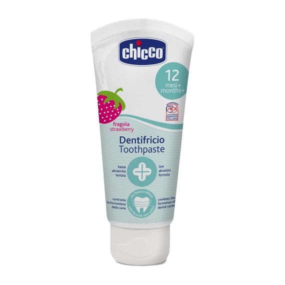 Chicco Oral Set inklusive Zahnbürste und Zahnpaste Erdbeere mit Flourid, blau