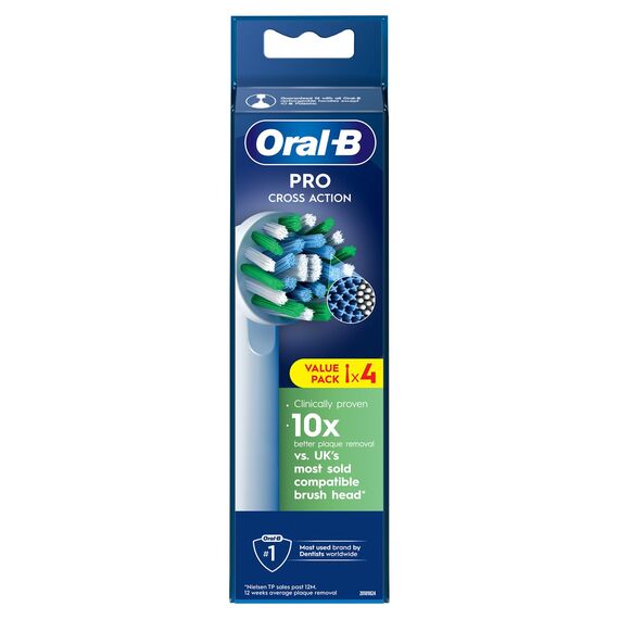 Oral-B Pro Cross Action Aufsteckbürste für elektrische Zahnbürste, X-Form und abgewinkelte Borsten für tiefere Plaque-Entfernung, 4 Stück Zahnbürstenköpfe, Weiß