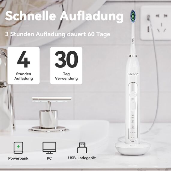 Lächen Sonic elektrische Zahnbürste Schallzahnbürste - RM-T8B， mit 4 Aufsteckbürsten und Timer, 3 Modi & 3 Vibrationsstärken mit Reisetasche A-weiß