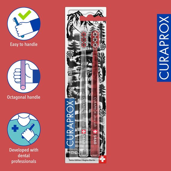 Curaprox Handzahnbürste - Zahnfleischpflege für Erwachsene/Ultraweich zur Plaqueentfernung/Swiss Edition Duo Pack | Rot-Transparent/Hergestellt in der Schweiz